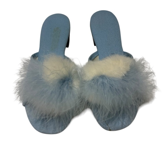 Shoes - Vintage baby blue marabou feather and white rabbit fur slip on shoes size 5.5